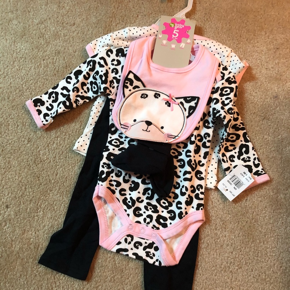 New 5 piece baby girls cat outfit set 6-9 months
